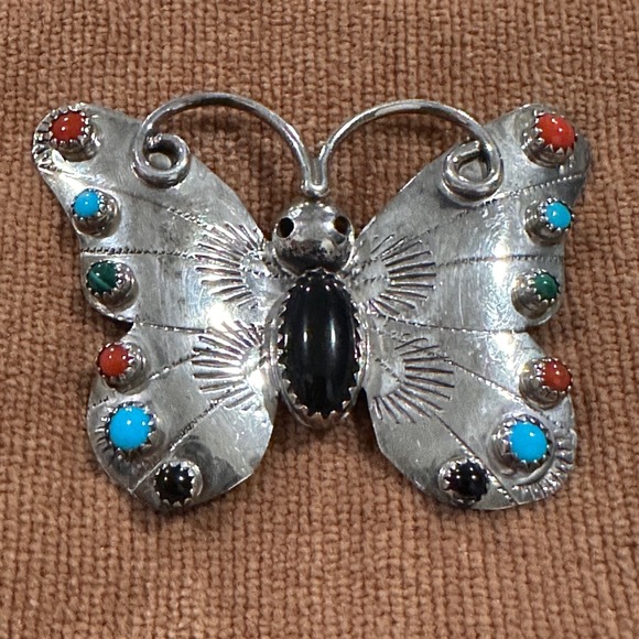 Jewelry - Vintage Sterling Silver Butterfly Pin Signed FY Navajo Turquoise Onyx YAZZIE
